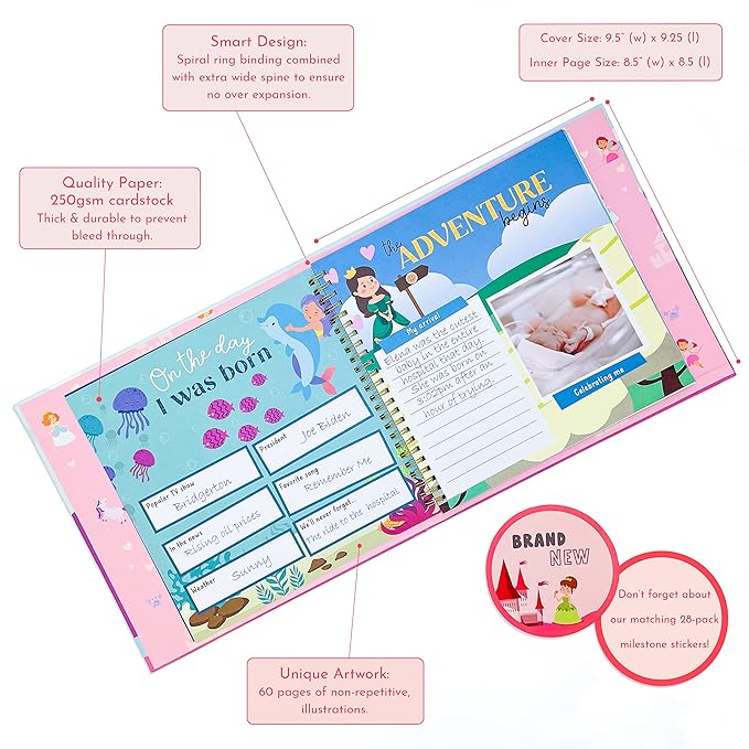 RubyRoo Baby Memory Book - Milestone Journal for Baby Girl - Baby Keepsake Photo Album - First 5 Years Scrapbook - Pregnancy Gift for Baby Shower, 60 Page Hardcover Record Book for Newborn - Fairyland