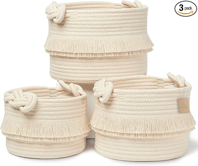 NaturalCozy 3-Piece Boho Decor Storage Basket Set – Cotton Rope Woven Baskets for Organizing! Small Baby Stuff, Shower, Gift Basket, Nursery Planter, Toy Shelves