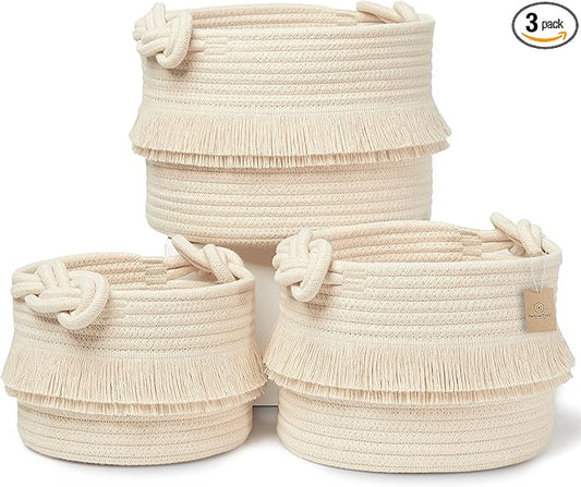 NaturalCozy 3-Piece Boho Decor Storage Basket Set – Cotton Rope Woven Baskets for Organizing! Small Baby Stuff, Shower, Gift Basket, Nursery Planter, Toy Shelves