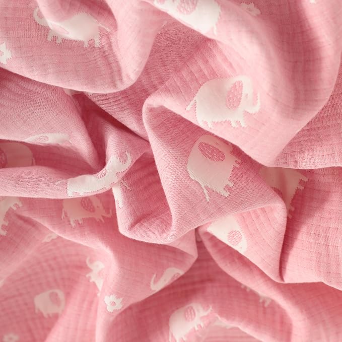 NTBAY 3 Layer Muslin Cotton Toddler Blanket, Jacquard Reversible Nursery Bed Blanket, Super Soft and Thermal for All Seasons, Decoration Gift, 30"x40", Pink Elephant