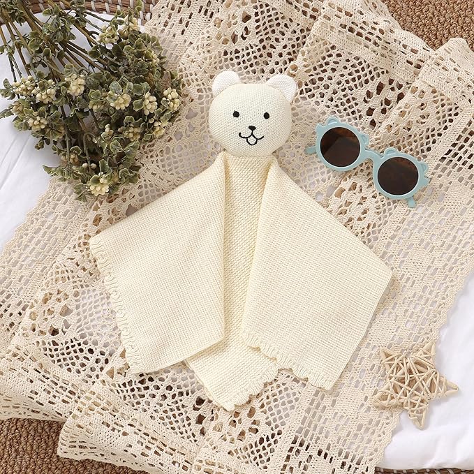 LAWKUL Baby Blanket Bear Lovey Soft Cuddly Security Blanket for Newborns Infants Boy Girl Knit Snuggle Comfort White 16x16in