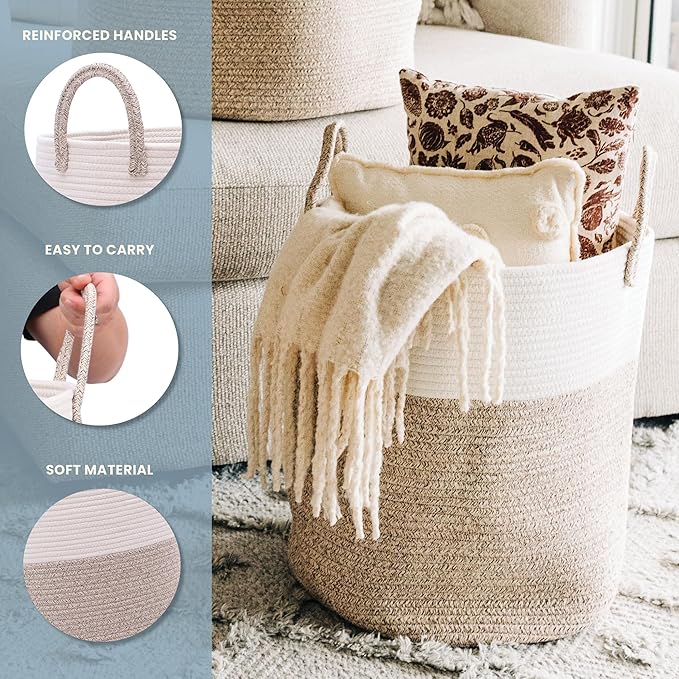 OrganiHaus Brown Toy Basket for Storage 15x18, Baby Laundry Basket, Throw Blanket Basket for Living Room, Large Woven Baskets for Storage, Tall Basket, Towel Basket & Blanket Holder for Bedroom