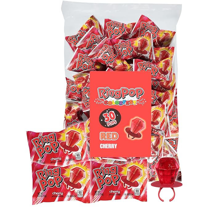 Ring Pop Red Candy Lollipops, 30 Ct Bulk Individually Wrapped in Red Cherry Flavor, Full Size, Fun Hard Candy For Birthday, Party Favors, Bachelorette Parties & Gifts For Kids