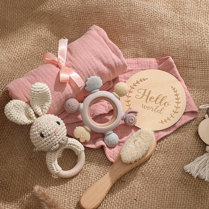EERKEOD Baby Gift Set for Newborn New Baby Gift Set - Newborn Baby Essentials Baby Bath Set with Baby Blanket Baby Rattle - New Born Baby Girls Gift & Baby Boy Gifts for Baby Shower