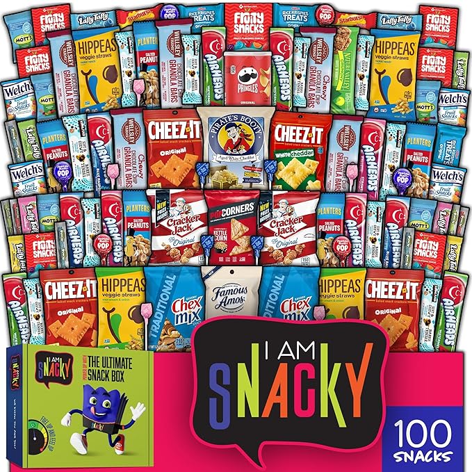 I AM Snacky - Back to School/Off to College Snack Box Variety Pack Care Package + Greeting Card - SNACKY'S PARTY PACK (100 Count) Birthday Sweet Treats Gift Basket, Candies Chips, Office Food Assortments