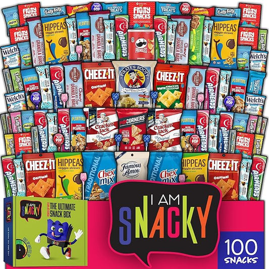 I AM Snacky - Back to School/Off to College Snack Box Variety Pack Care Package + Greeting Card - SNACKY'S PARTY PACK (100 Count) Birthday Sweet Treats Gift Basket, Candies Chips, Office Food Assortments