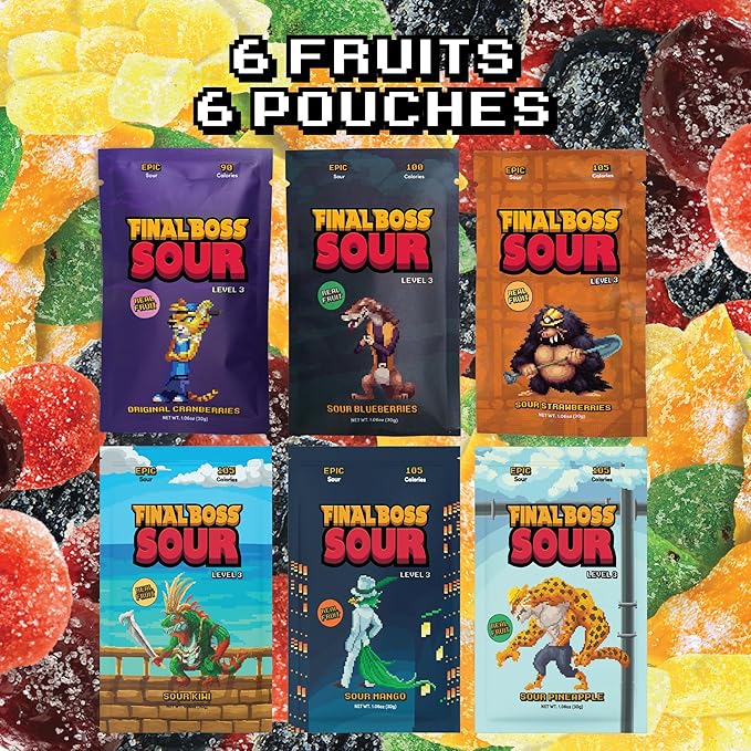 Final Boss Sour Candy, Variety Pack, 6 Packs, Level 3, Extreme Sour Fruit Chews with Real Dried Fruit, No Artificial Colors or Flavors, Low Calorie Snack for Kids, Teens, Adults & On the Go