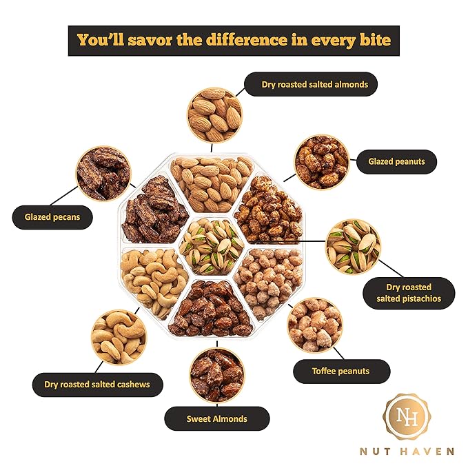 Nuts Gift Basket - Assortment of Sweet & Roasted Salted Gourmet Nuts - Assorted Food Gift Box for Birthday, Family, Sympathy, Men & Women.