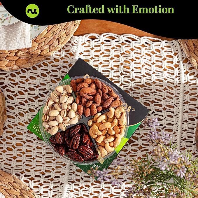 NUT CRAVINGS - Mixed Nuts Gift Basket in Green Gold Box (4 Assortments) Food Arrangement, Healthy Snack Care Package, Food Assortments