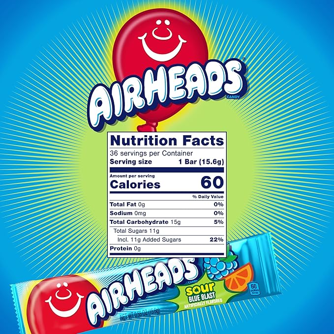 Airheads Sour Mini Halloween Trick or Treat Taffy Candy Bars, Blue Blast Flavored, Individually Wrapped Candy for Adults & Kids, Treat Bags & Party Favors, 36 Bars