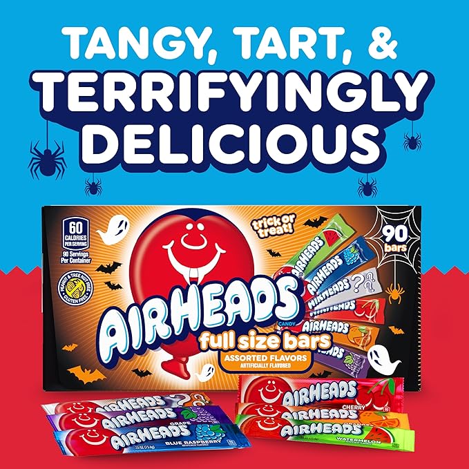 Airheads Sour Full-Sized Halloween Trick or Treat Taffy Candy Bars, Variety Mega Box, Assorted Flavors, Individually Wrapped Candy for Adults & Kids, Party Favors & Treat Bags, 90 Count