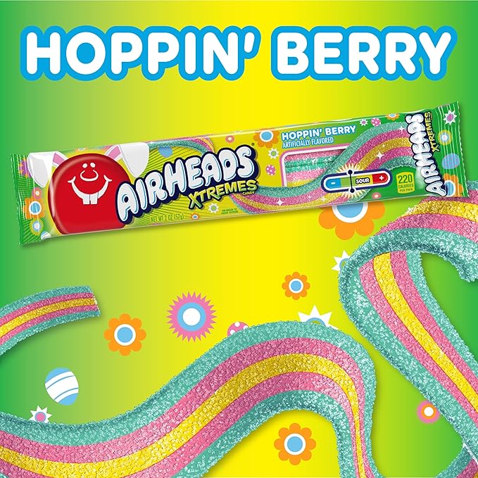 Airheads Xtremes, Sweetly Sour Spring Edition Hoppin Berry Flavored Candy Belts, Easter Baskets, 2oz (Pack of 18)