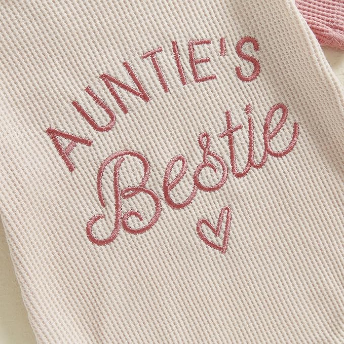SAYOO Aunties Bestie Baby Girl Clothes Letter Embroidery Waffle Color Block Sweatshirt Bodysuit Fall Bubble Romper Pullover