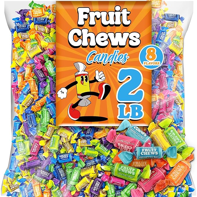 Fruit Chews Mix, Bulk 2 Lbs Individually Wrapped Candy, 8 Assorted Fruity Flavors Soft and Chewy Taffies, Peanut and Gluten Free, Colorful Candy for Parties, Appx 135 Pcs