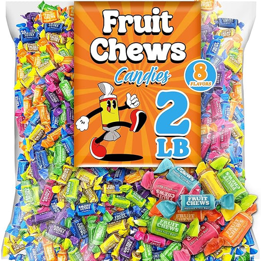 Fruit Chews Mix, Bulk 2 Lbs Individually Wrapped Candy, 8 Assorted Fruity Flavors Soft and Chewy Taffies, Peanut and Gluten Free, Colorful Candy for Parties, Appx 135 Pcs