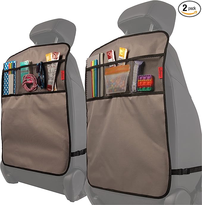 Lusso Gear Heavy Duty Kick Mats (2 Pk) - Back Seat Protector, Sag Proof, Waterproof, Car Back Seat Cover for Kids Who Make Big Messes, 3 Reinforced Storage Pockets, Premium Oxford Fabric (Gray)