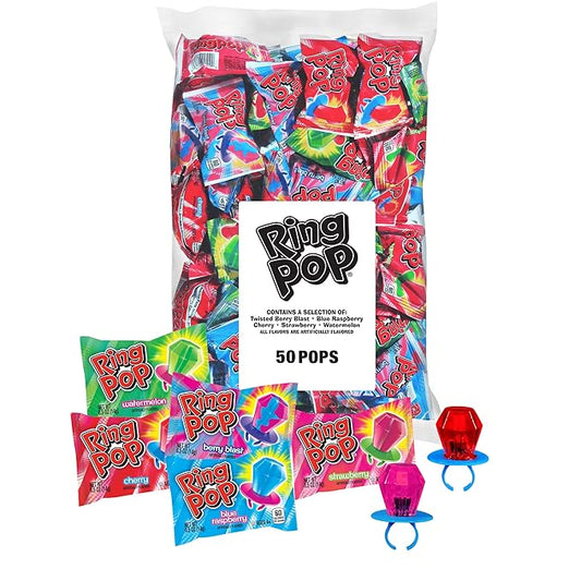Ring Pop Lollipops - Bulk Candy Individually Wrapped Suckers Variety Party Pack- 50 Count w/ Assorted Flavors - Hard Candy for Party Favors, Kids & Goodie Bags