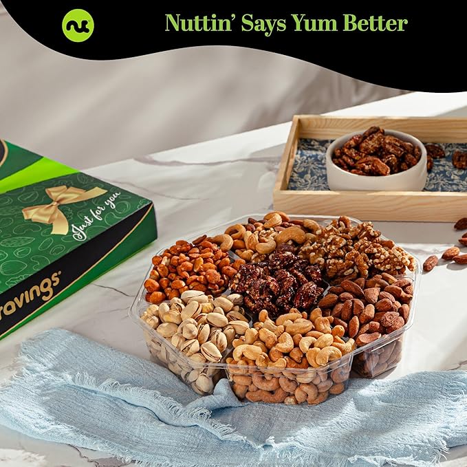 NUT CRAVINGS - Mixed Nuts Gift Basket in Green Gold Box (7 Assortments, 1 LB) Food Arrangement, Healthy Snack Care Package, Food Assortments