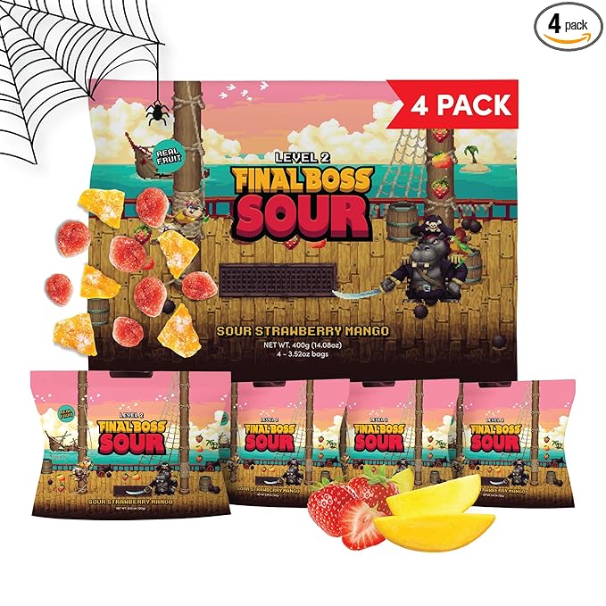 Final Boss Sour Candy, Chewy Dried Strawberry & Mango, 4 Pack, Level 2, Sour Fruit Chews with Real Dried Fruit, No Artificial Colors or Flavors, Low Calorie Snack for Kids, Teens, Adults & On The Go
