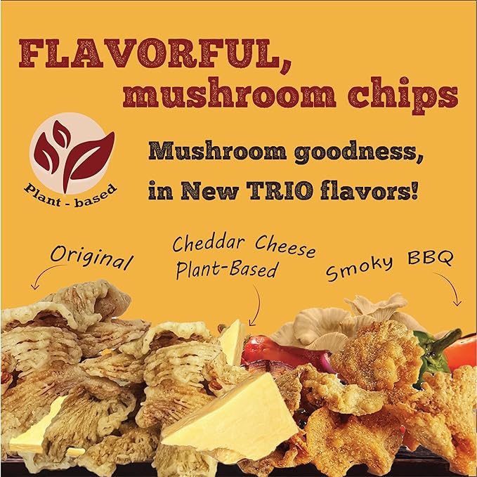 BITETUOSO TRIO set TEMPURA OYSTER MUSHROOMS for on the Go, Plant-Based Snack, Falvors: Original, Smoky BBQ, Cheddar Cheese Plant-Based, 1.41 oz (Pack of 6), Dairy Free, Vegan, Crispy Gourmet Snack, No MSG