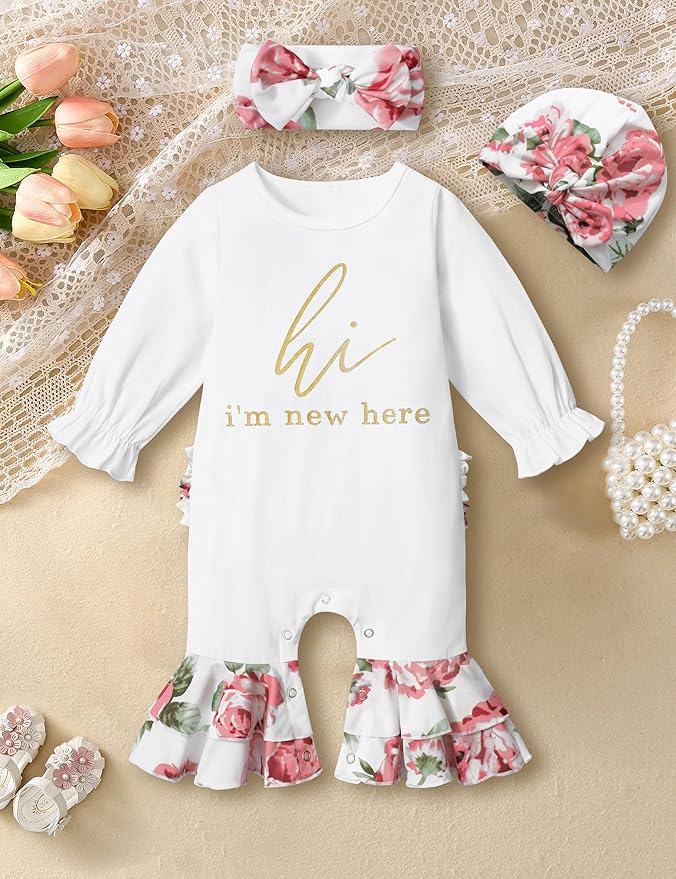 AGAPENG Newborn Girl Clothes Ruffle Letter Print Romper Infant Bell Bottom Jumpsuit Boho Baby Girl Clothes with Headband Hat