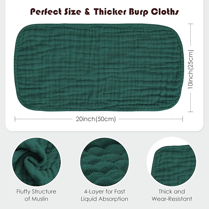 Muslin Burp Cloths 100% Cotton Large 20''x10'' Extra Soft and Absorbent Baby Wash Cloths Spit Up Rags - Baby Burping Cloth for Boys Girls Items(12 Pack Ivory, Slate and Emerald Series)