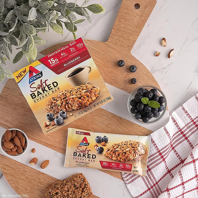 Atkins Blueberry Flavored Soft Baked Energy Bars, High in Protein Snack Bar, Low Sugar, High Fiber Snack, Protein Snack, 4 Packs (4 Bars Each)