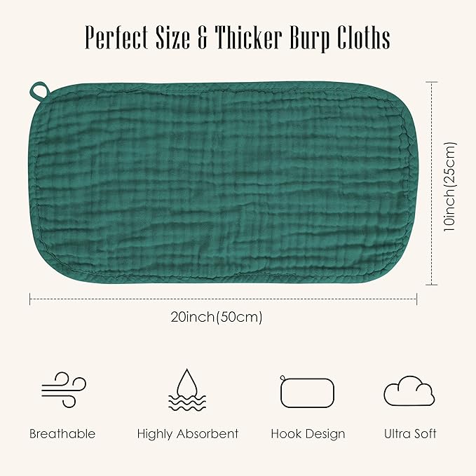 12 Pack Muslin Burp Cloths - Large 20" x 10", Ultra Absorbent 100% Cotton for Baby Drool and Messes - Soft, Gentle Baby Burp Rag for Boys & Girls -Ivory, Slate, Emerald Series