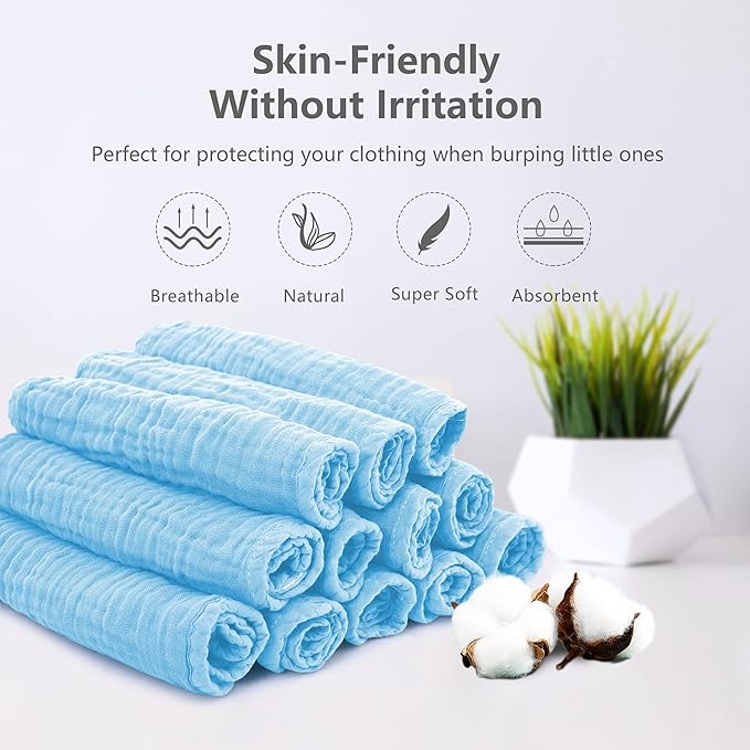 SWEET DOLPHIN 12 Pack Muslin Burp Cloths Large 100% Cotton Hand Washcloths for Baby - Baby Essentials Extra Absorbent and Soft Boys & Girls Milk Spit Up Rags for Newborn Registry- Aquamarine, 20" X10"