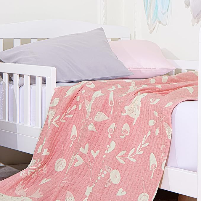 NTBAY 3 Layer Toddler Blanket, Muslin Cotton Jacquard Bed Blankets, Lightweight Thermal Baby Blanket, Super Soft and Warm Crib Blanket for All Seasons, Decoration Gift, 45"x60", Pink Owl