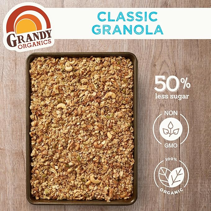 Grandy Organics Classic Granola, Certified Organic Granola Cereal, Low Sugar - Made with Oats, Pumpkin Seeds, Walnuts and Cashews, 12oz Bags, Bulk Pack of 3