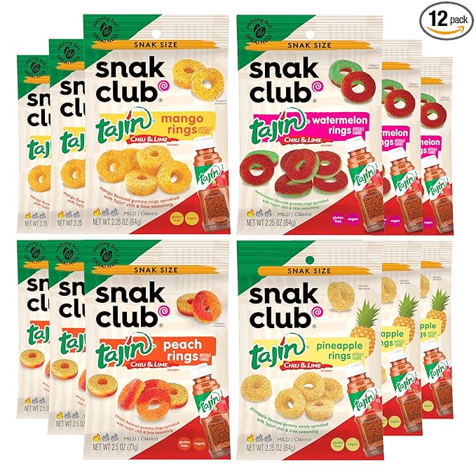 Snak Club Tajin Gummy Candy Fruit Rings, Gummies with Chili and Lime Seasoning, Mild Spice, Gluten-Free and Vegan Snacks, Assorted Variety, Mango, Pineapple, Peach, Watermelon, Snack Size 12 Pack