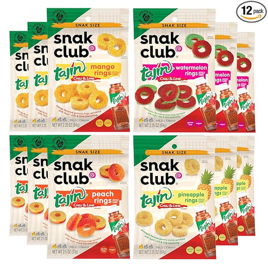Snak Club Tajin Gummy Candy Fruit Rings, Gummies with Chili and Lime Seasoning, Mild Spice, Gluten-Free and Vegan Snacks, Assorted Variety, Mango, Pineapple, Peach, Watermelon, Snack Size 12 Pack
