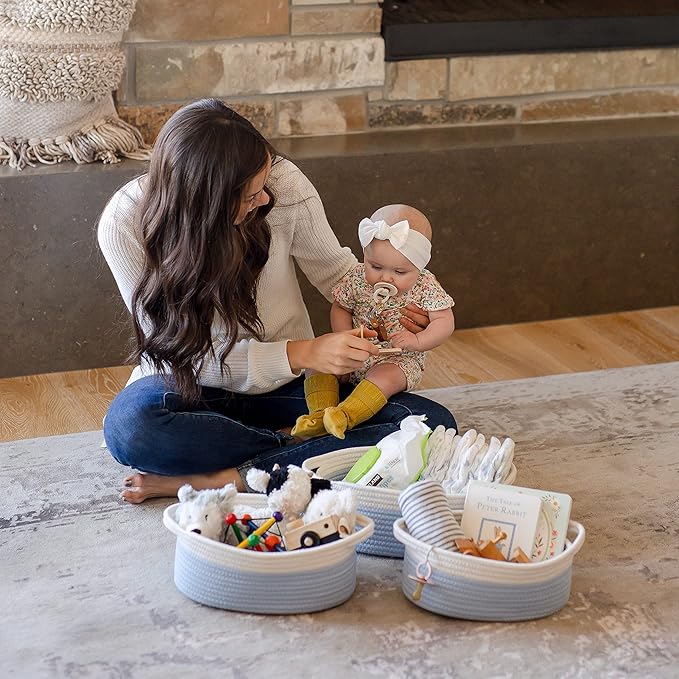 NaturalCozy 3-Piece Oval Storage Basket Set– Soft Natural Rope Woven Baskets for Storage Shelf, Toy, Nursery, Gift, Baby Shower, Pets Cat Dog Bins | Small Basket for Organizing (Off White & Blue)