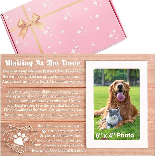 Pet Memorial Gift for Loss of Dog Pet Owner -Puppy Remembrance Gift-Puppy Sympathy Wooden Photo Frame Present-Picture Frame Present-Waiting At The Door Dog