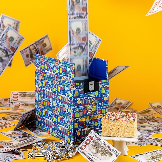 SendaCake Birthday Billionaire Box, Ready to Gift, No Assembly Required - with Music, Sweet Caramels & Delicious 3" Rainbow Sprinkle Dots Cake for Delivery - Gift for Women, Men, Sister, Mom, Dad, Best Friend, Adults, Kids