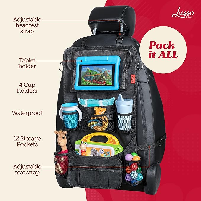 Lusso Gear Heavy Duty Back Seat Car Organizer Extra Large for Protection, Sag Proof & Reinforced Corners, Protects iPad & Backseat, 12 Versatile Car Seat Organizer Storage Compartments (Gray)