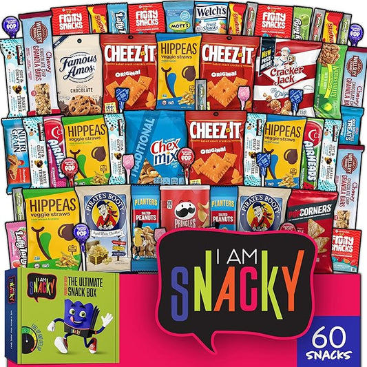 I AM Snacky - Back to School/Off to College Snack Box Variety Pack Care Package + Greeting Card - SNACKY'S SOCIAL SAMPLER (60 Count) Birthday Sweet Treats Gift Basket, Candies Chips, Office Food Assortments