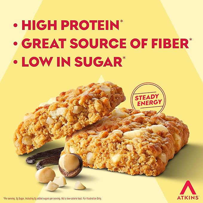 Atkins Soft Baked Protein Bars, Vanilla Macadamia Nut, 15g Protein, 2g Sugar, Excellent Source of Fiber, Low Carb, 6 Packs (4 Bars Each)