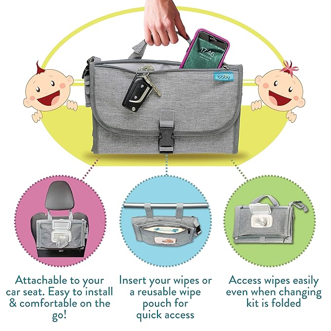 Kopi Baby Portable Diaper Changing Pad - Baby Diaper Changer Travel Bag with Wipes Pocket, Smart Design Portable Changing Mat, Infant Travel Station Kit, Gift for Newborn Girl & Boy - Grey, Classic