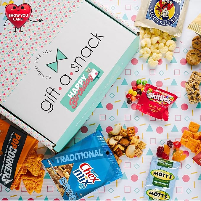 Gift A Snack - Happy Birthday Snack Box Variety Pack Care Package + Greeting Card (45 Count) Bday Sweet Treats Gift Basket, Candies Chips Crackers Bars - Food Assortments Cravy Food Assortments & Variety Gifts
