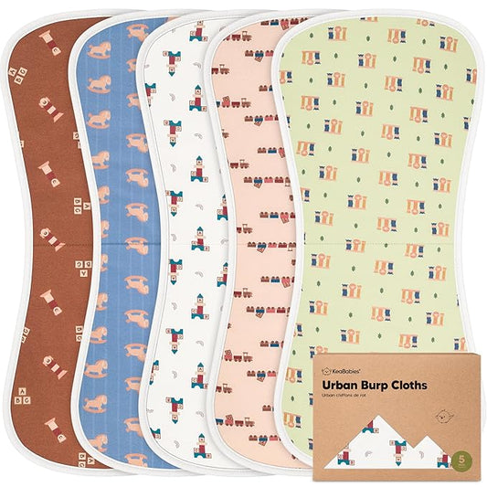 Organic Burp Cloths Baby Boy & Girl - 5-Pack Super Absorbent Cotton Burping Cloths for Babies, Soft & Plush Newborn Spit Up Rags, Infant Towels for Milk Spit Up, Unisex, Large 21" x 10" (Toy Land)