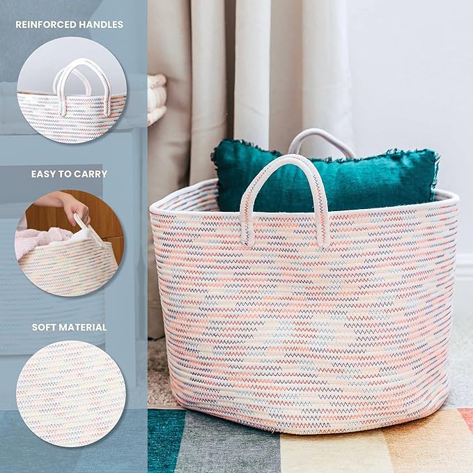 OrganiHaus Toy Storage Basket for Kids, Large Cotton Rope Organizer Bin for Nursery, Toy Box, Blanket Holder, Baby Hamper for Living Room, Soft & Washable, 20x13 inches - Rainbow