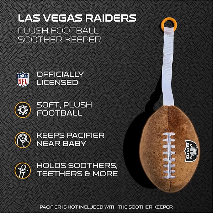 Las Vegas Raiders Plush Football Pacifier Holder by Smilo - Officially Licensed NFL Soother Holder - Soft Plush Toy and Dummy Holder - Fits Any Pacifier - Stroller Accessory & Newborn Essential