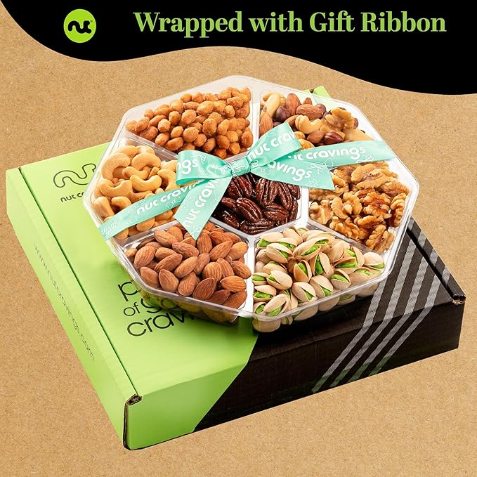 NUT CRAVINGS Gourmet Collection - Thank You Appreciation, Nuts Gift Basket with Thank You Ribbon + Greeting Card (7 Assortments) Food Platter, Healthy Snack Care Package, Food Assortments