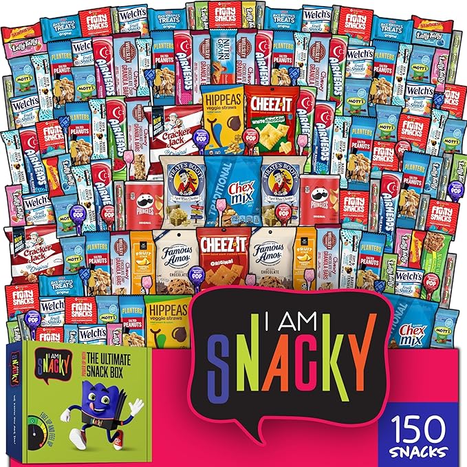 I AM Snacky - Back to School/Off to College Snack Box Variety Pack Care Package + Greeting Card - SNACKY'S CELEBRATION CRATE (150 Count) Birthday Sweet Treats Gift Basket, Candies Chips, Office Food Assortments