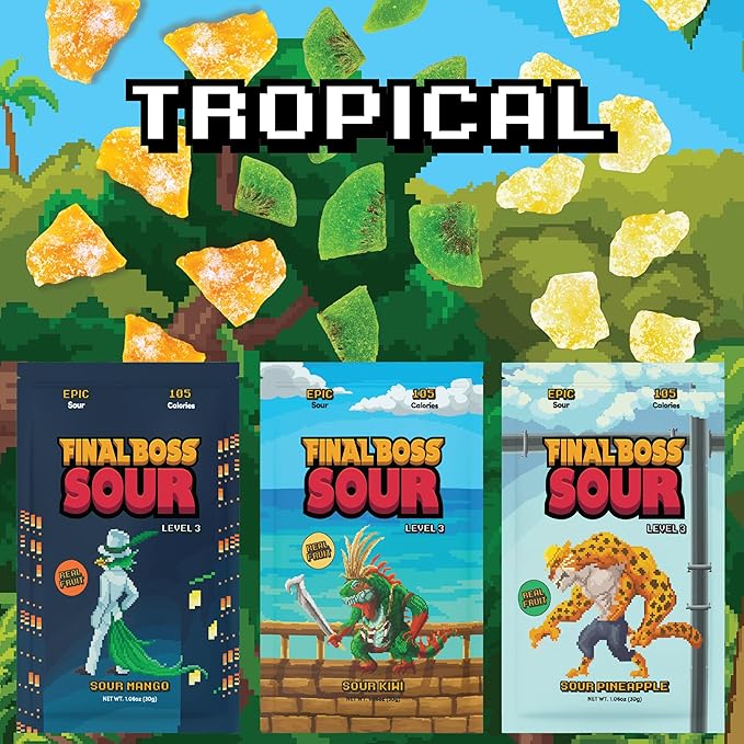 Final Boss Sour Candy, Variety Pack, 6 Packs, Level 3, Extreme Sour Fruit Chews with Real Dried Fruit, No Artificial Colors or Flavors, Low Calorie Snack for Kids, Teens, Adults & On the Go