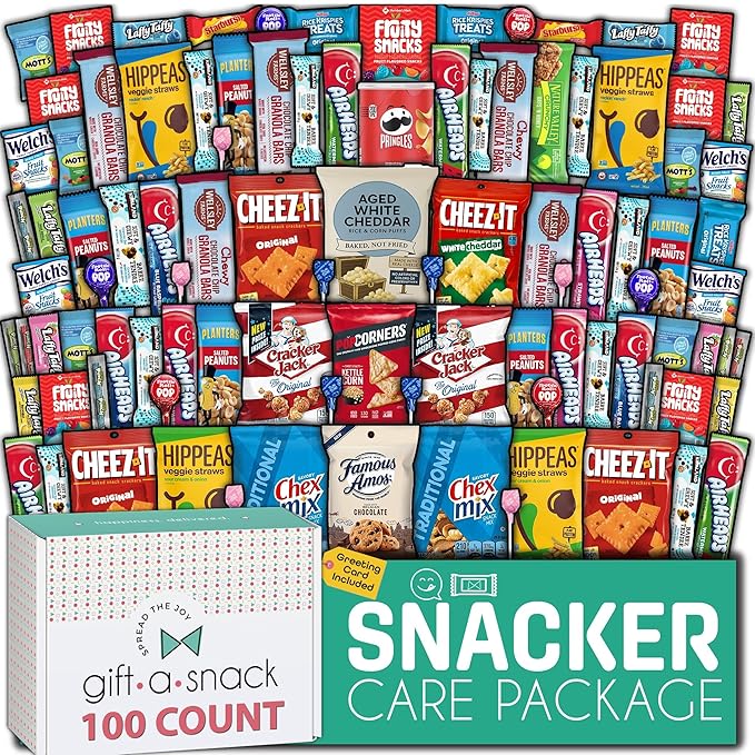 Gift A Snack - Back to School/Off to College Snack Box Variety Pack Care Package + Greeting Card (100 Count) Birthday Sweet Treats Gift Basket, Candies Chips Crackers Bars, Office Food Assortments