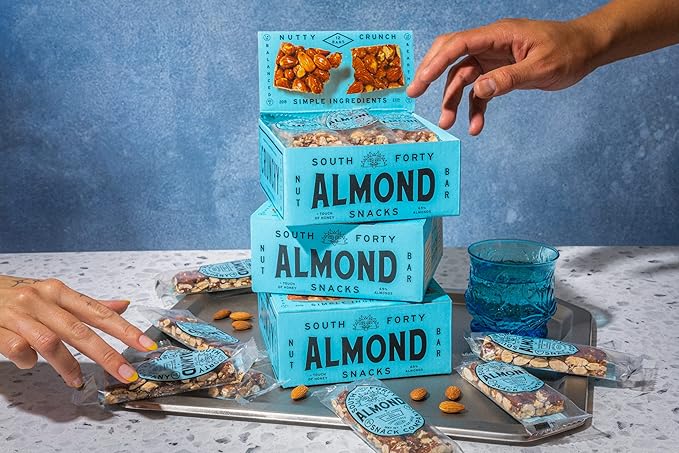 South 40 Snacks Almond Bar, Extra Crunchy Nut Snack Bar, Simple Ingredients, Honey and Sugar, Delicious Healthy Whole Almonds Nut Clusters, Individually Wrapped, 6g Protein (40g Bar, Pack of 12)