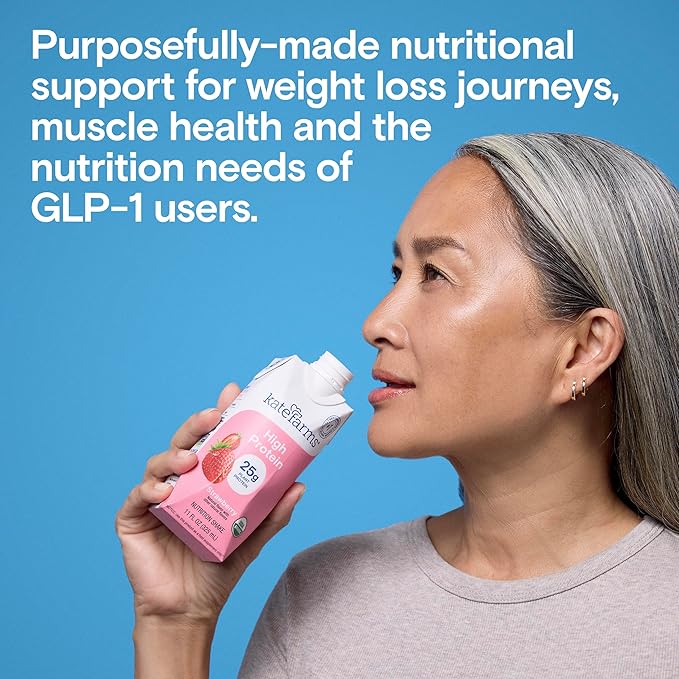 KATE FARMS Organic High Protein Strawberry Nutrition Shake, 25g Protein, 6g Fiber, 27 Vitamins and Minerals, 0g Sugar, Protein Drink, 11 oz (6 Pack)